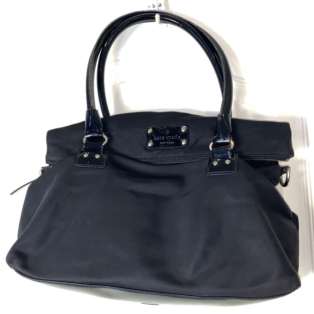 Kate Spade New York Black Nylon Satchel – Patent‎ Logo Base, Polka Dot Lining
